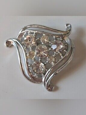 Silver Crystal Heart Brooch - Clear Rhinestones
